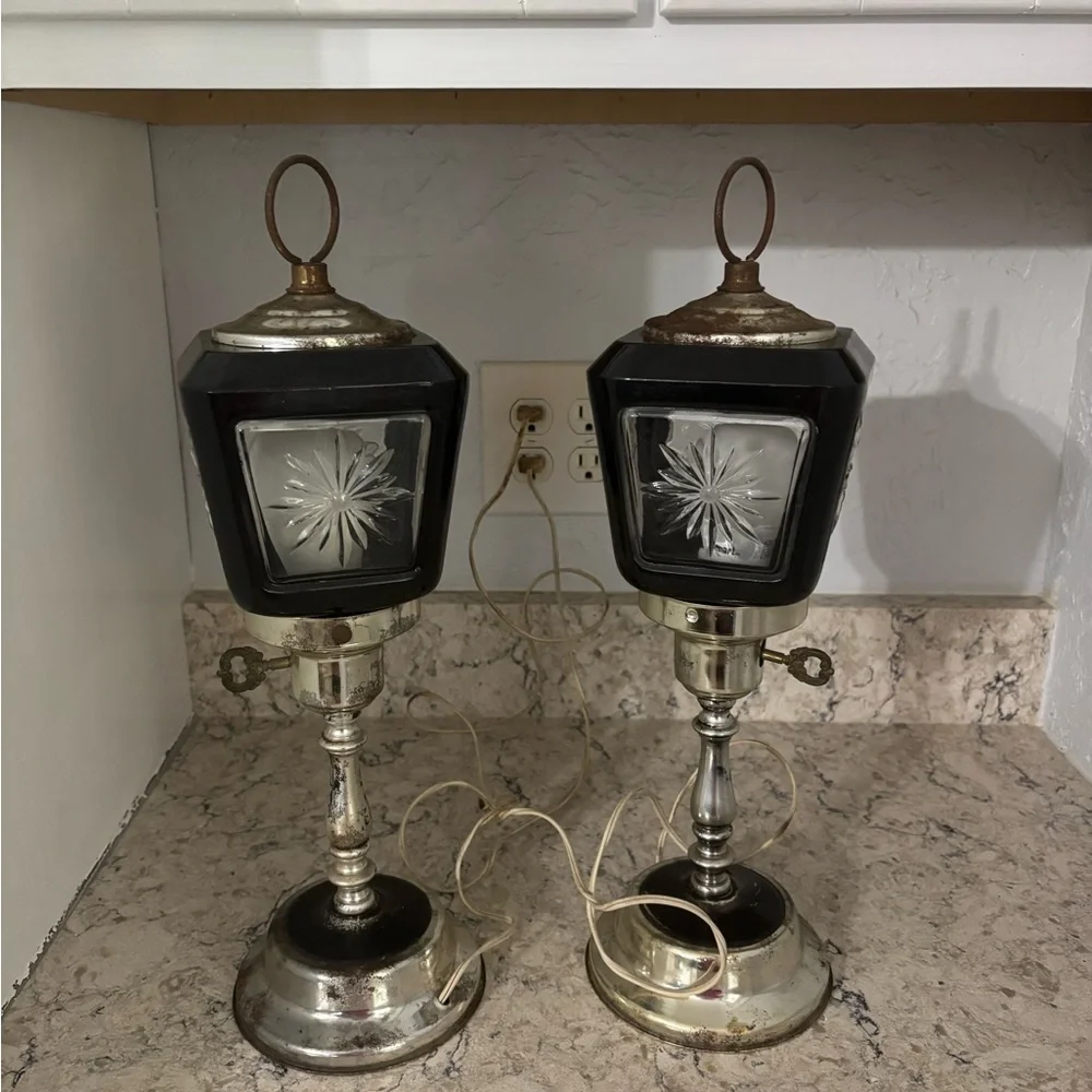 Art Deco MCM Vintage Black and Silver Street Light Lanterns Lamps Retro